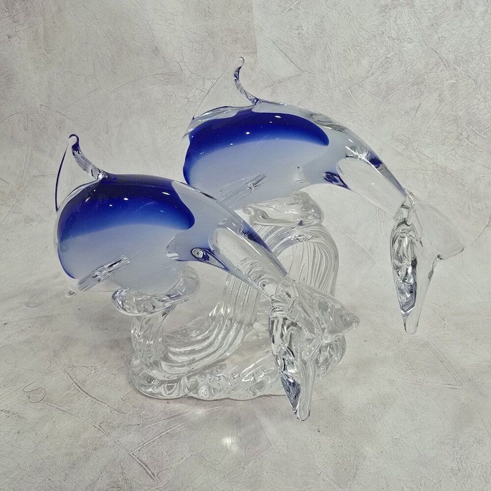 Vintage Murano Art Glass 2 Dolphins On Wave‎ Cobalt And Clear Figurine